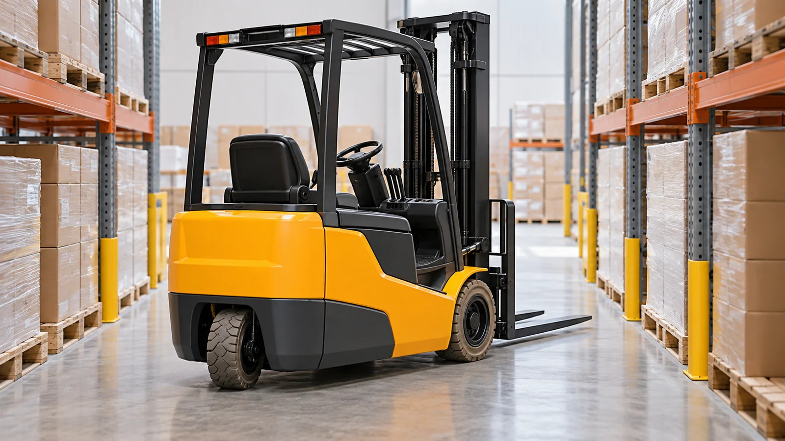 Generic compact three-wheel electric counterbalance forklift in a narrow warehouse aisle
