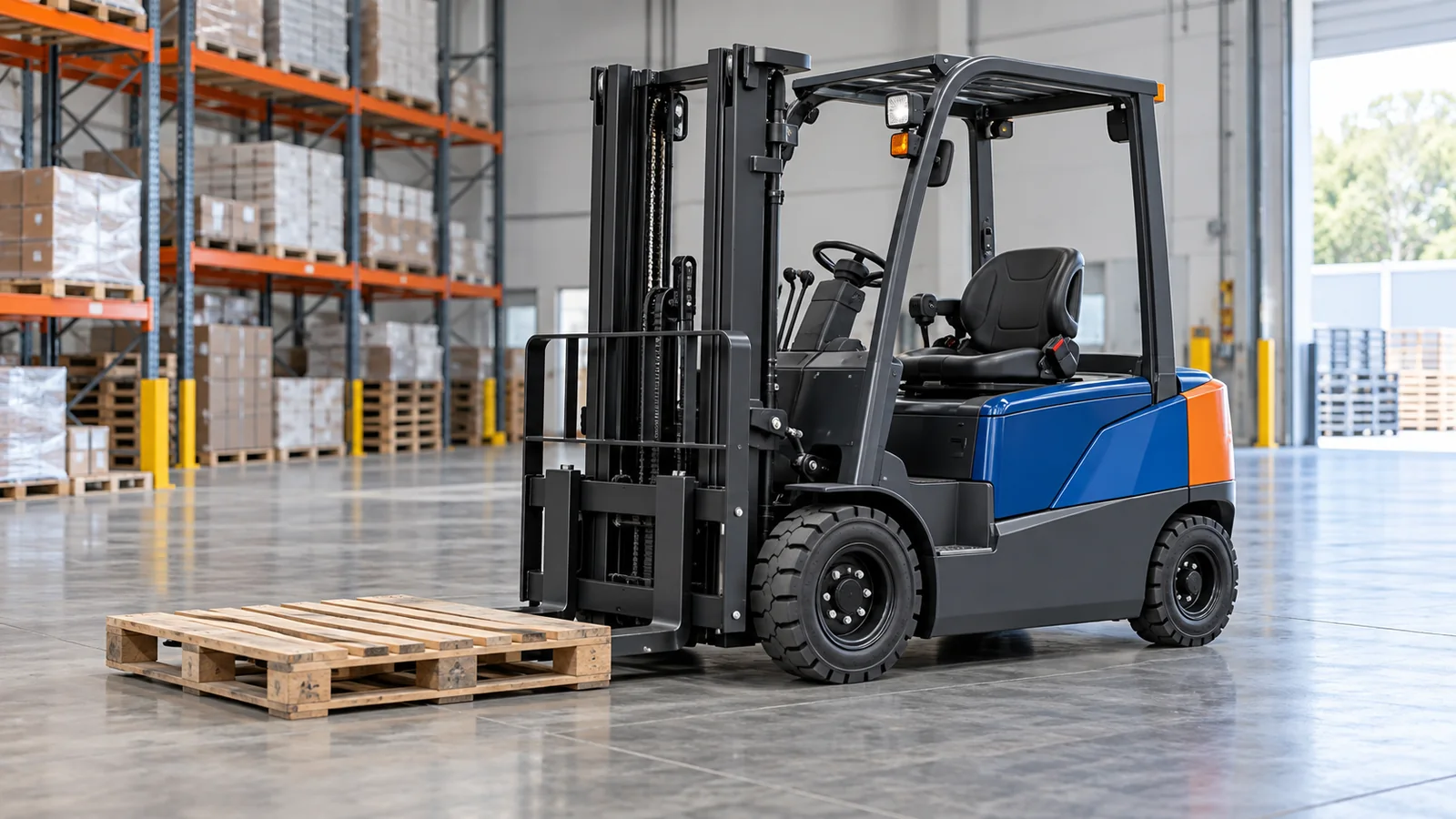 Generic four-wheel lithium electric counterbalance forklift approaching an empty pallet