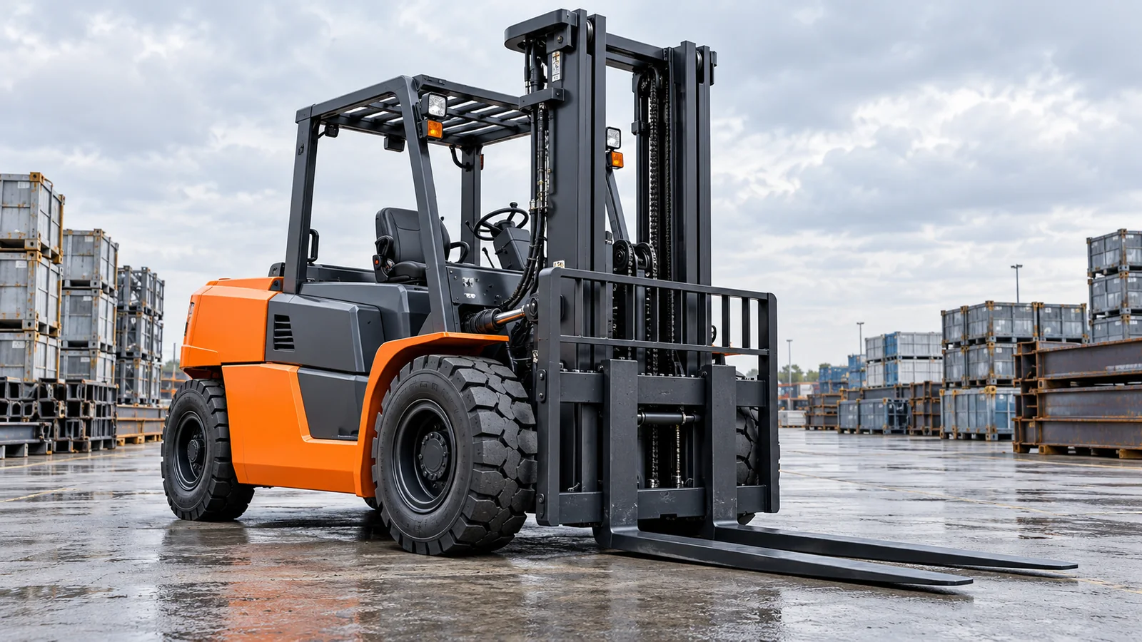 Generic heavy-duty electric counterbalance forklift in an industrial freight yard