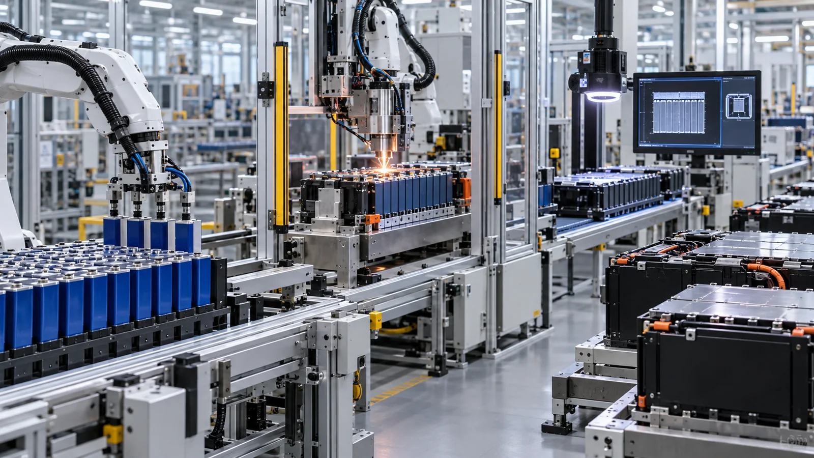 Automated lithium forklift battery line with robotic assembly and testing