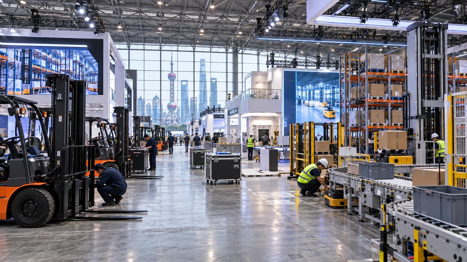 Shanghai intralogistics exhibition hall prepared with forklifts and automation systems