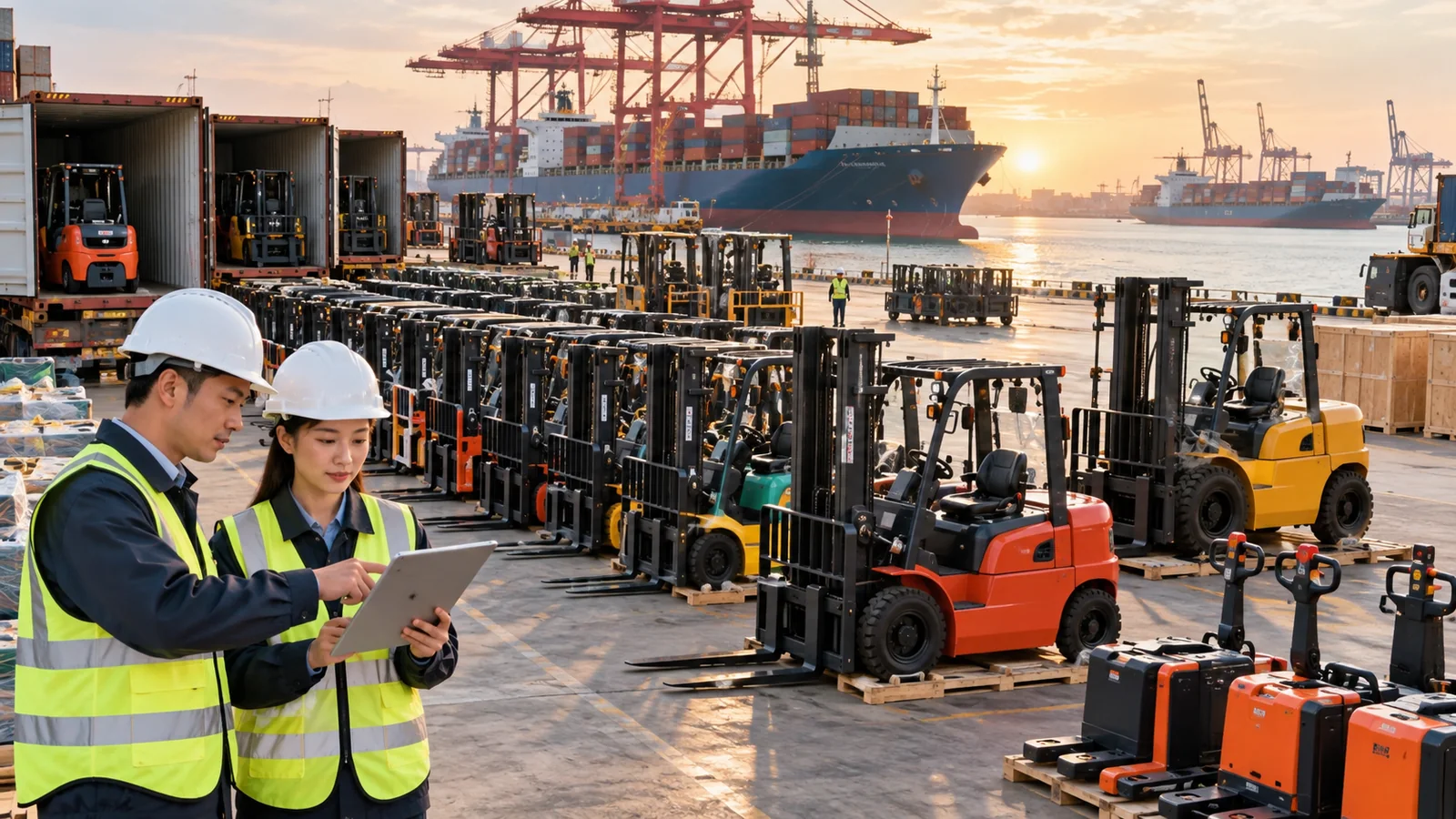 Chinese export yard with multiple forklift classes prepared for shipment