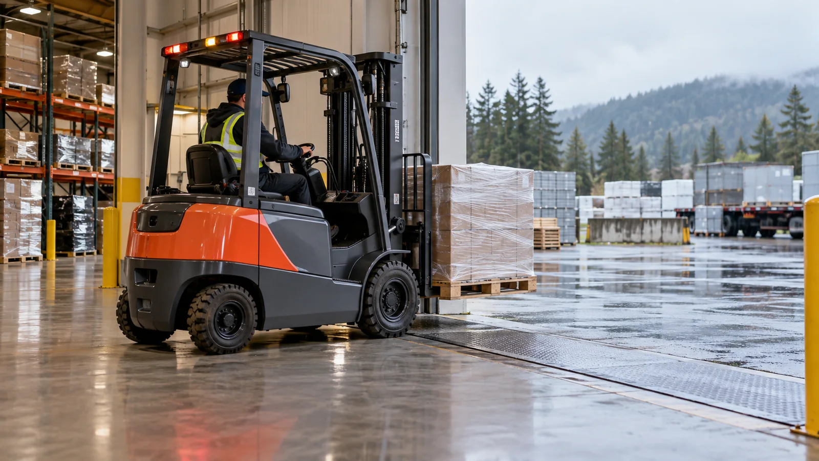 Lithium electric forklift moving from an indoor warehouse to an outdoor yard