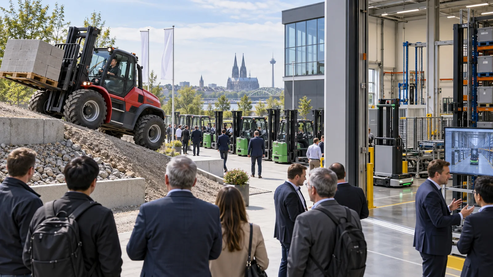 European forklift demonstration with rough-terrain and electric equipment