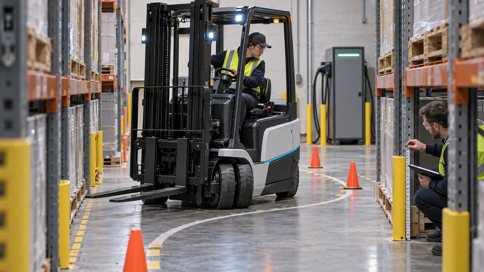 Compact electric forklift turning through a narrow warehouse test aisle