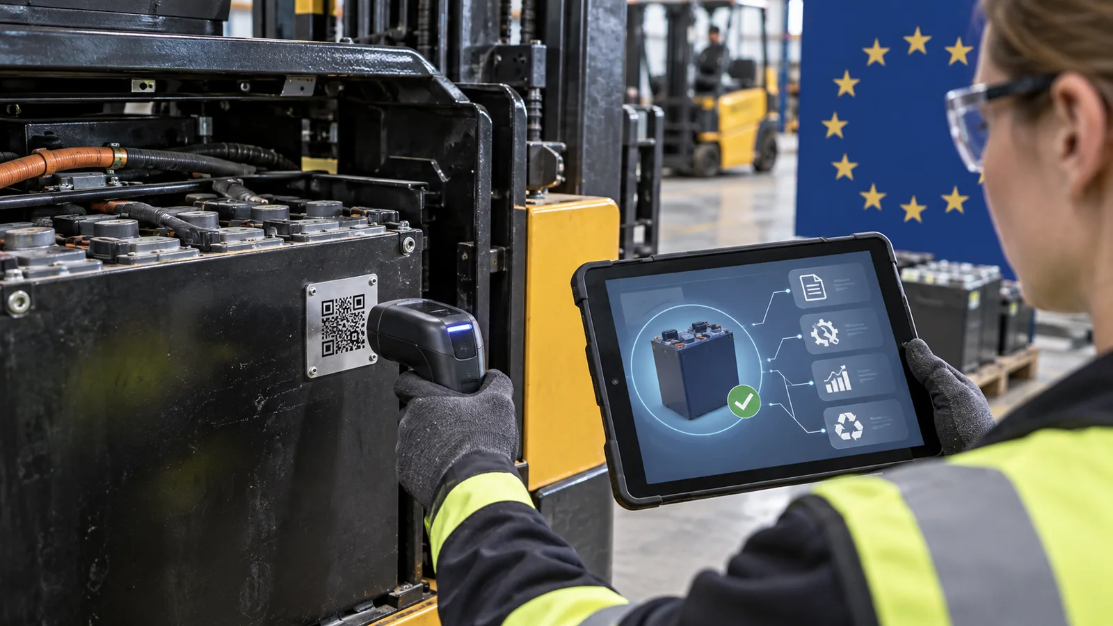 Compliance engineer scanning the digital identity of an industrial battery