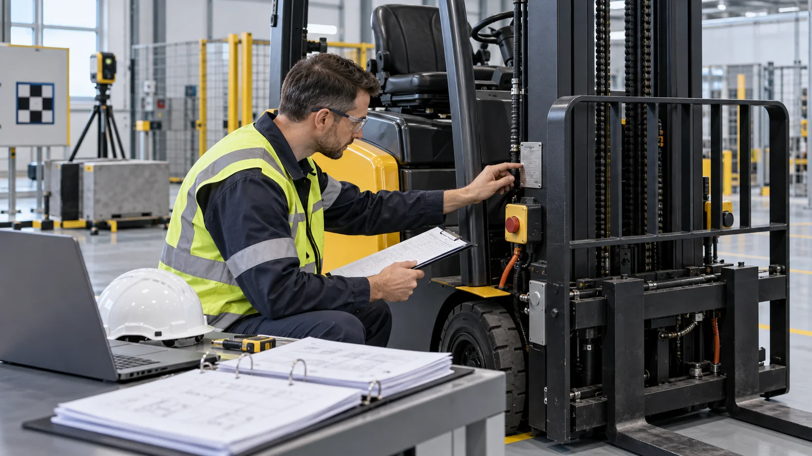 Engineer reviewing forklift safety systems and conformity documents in a test bay