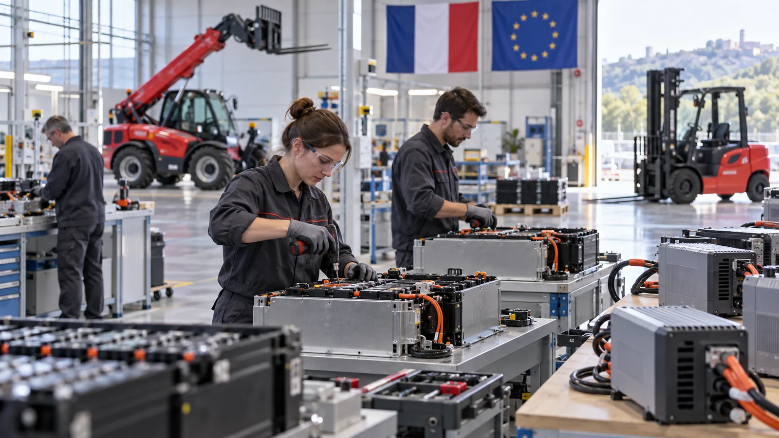 Engineers assembling LFP battery modules and industrial chargers