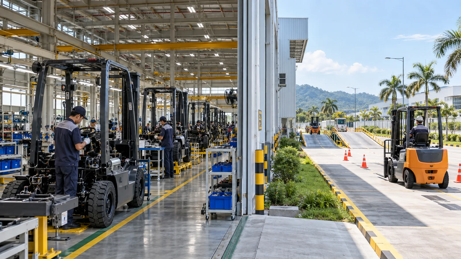 New forklift manufacturing base and production line in a tropical industrial estate