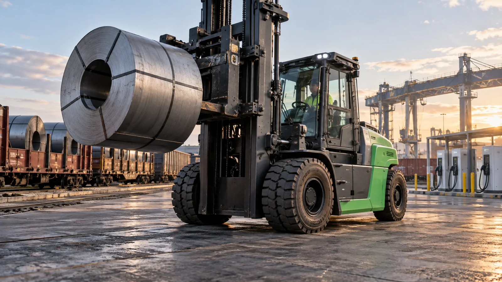 Heavy-duty lithium electric forklift handling a steel coil at a rail terminal