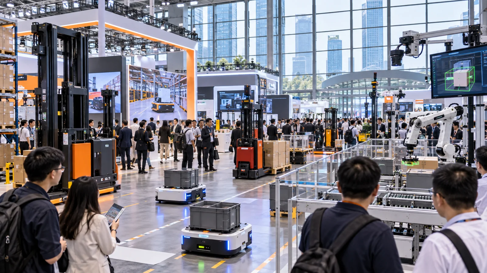 Forklifts, AGVs and warehouse robots at a Shenzhen intralogistics show
