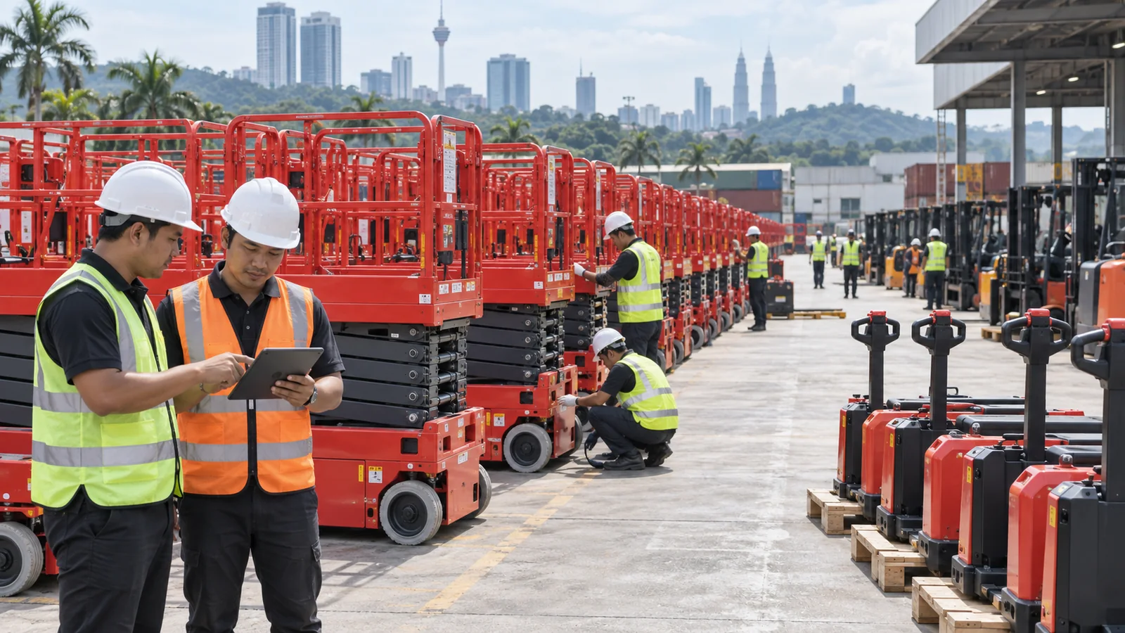 Large rental yard of compact electric scissor lifts prepared for delivery