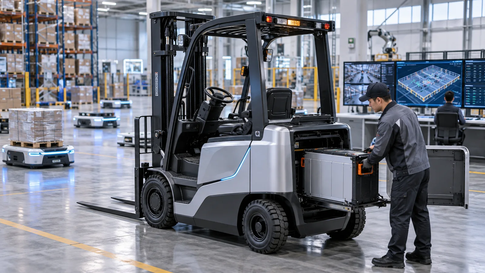 Connected forklift with a removable lithium battery and warehouse robots