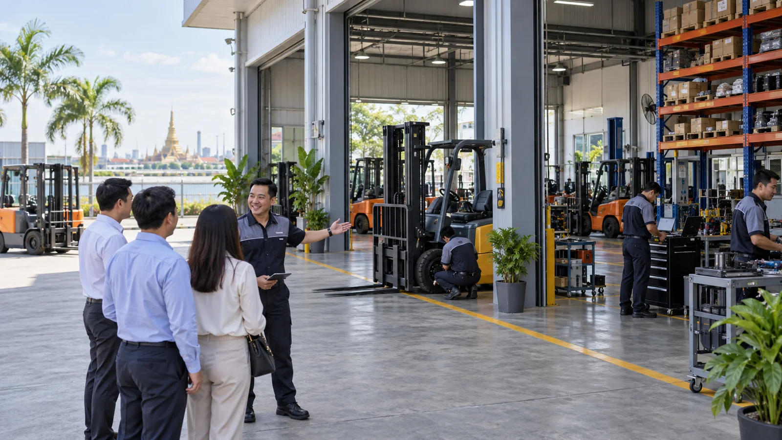 Forklift sales and service centre with technicians and warehouse trucks in Thailand