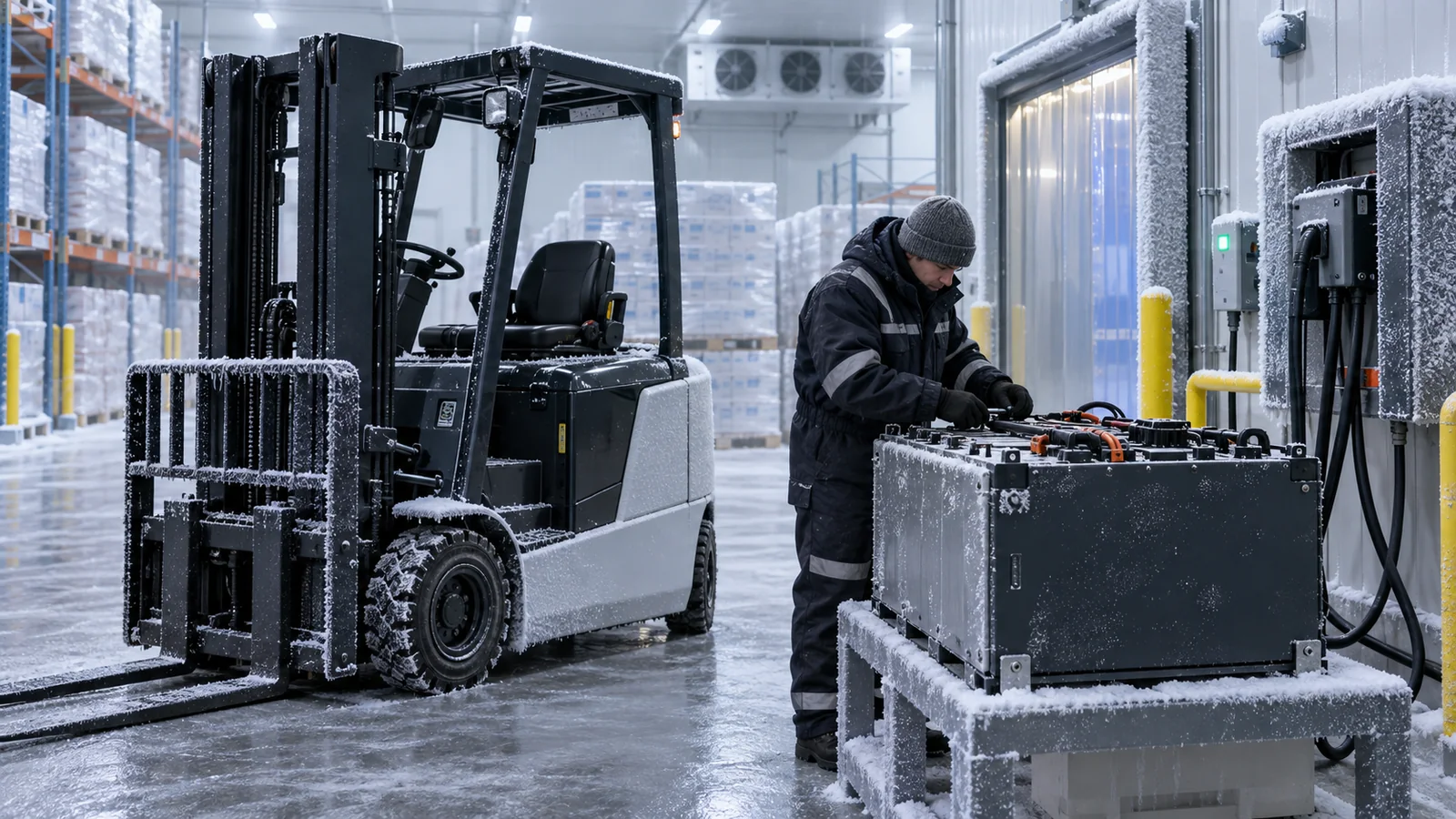 Technician checking a cold-storage forklift battery in a frozen warehouse