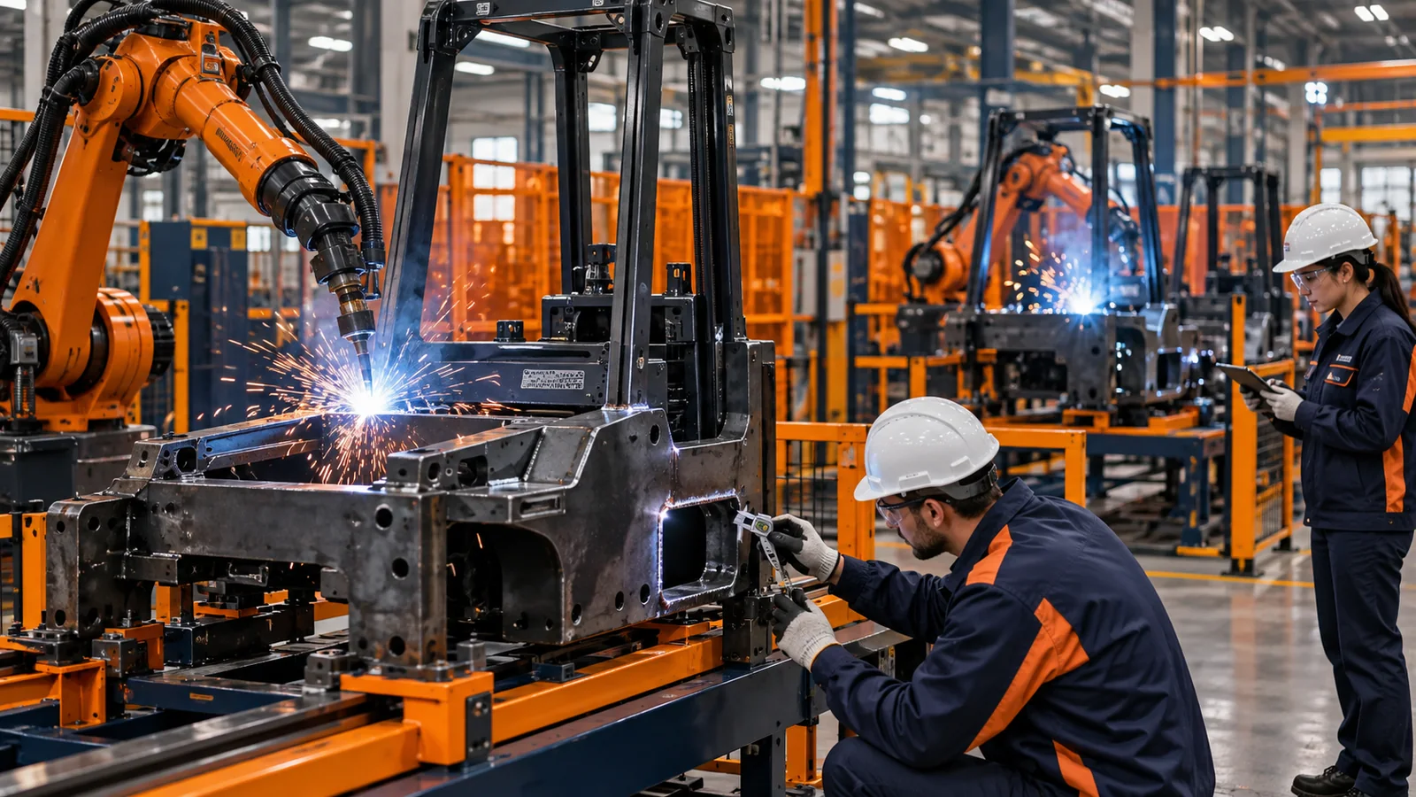 Robotic welding cells producing forklift chassis under quality inspection