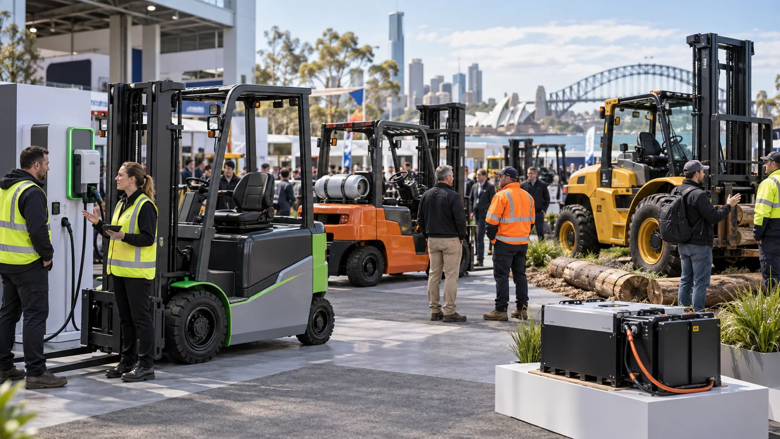 Electric, LPG and rough-terrain forklifts at an Australian trade exhibition