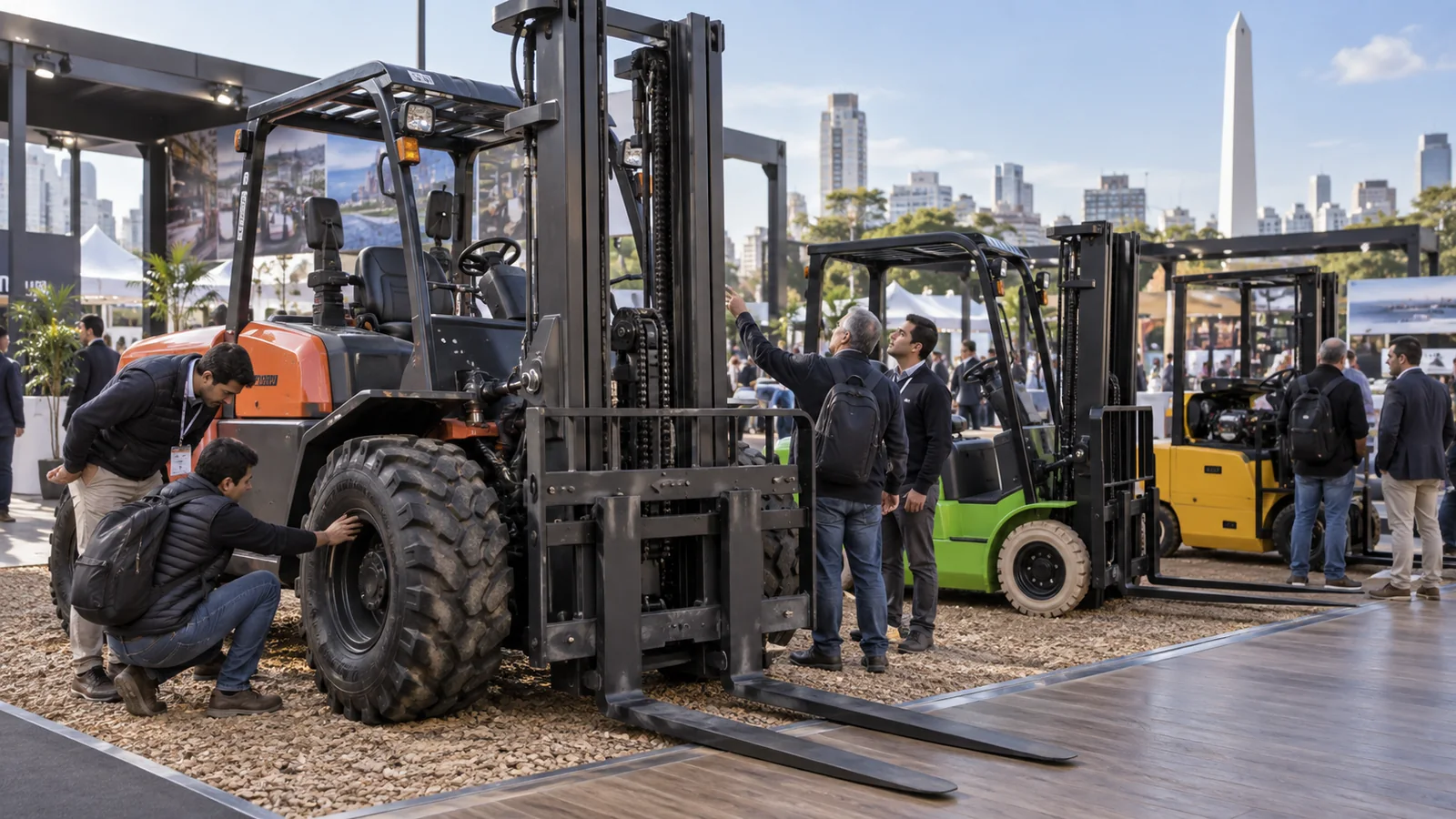 Rough-terrain and electric forklifts at a Latin American logistics exhibition
