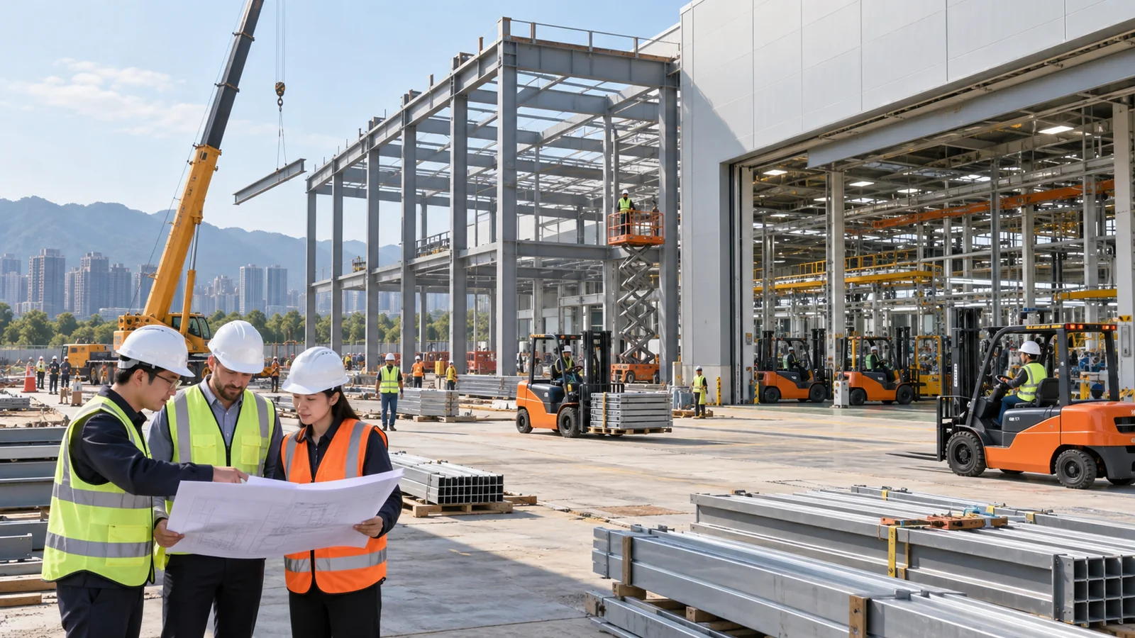 Forklift factory expansion construction beside an active production hall