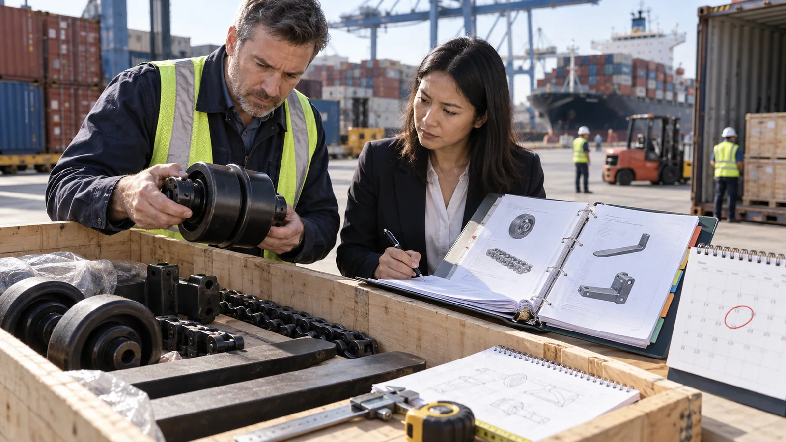 US customs broker classifying imported forklift components at a port