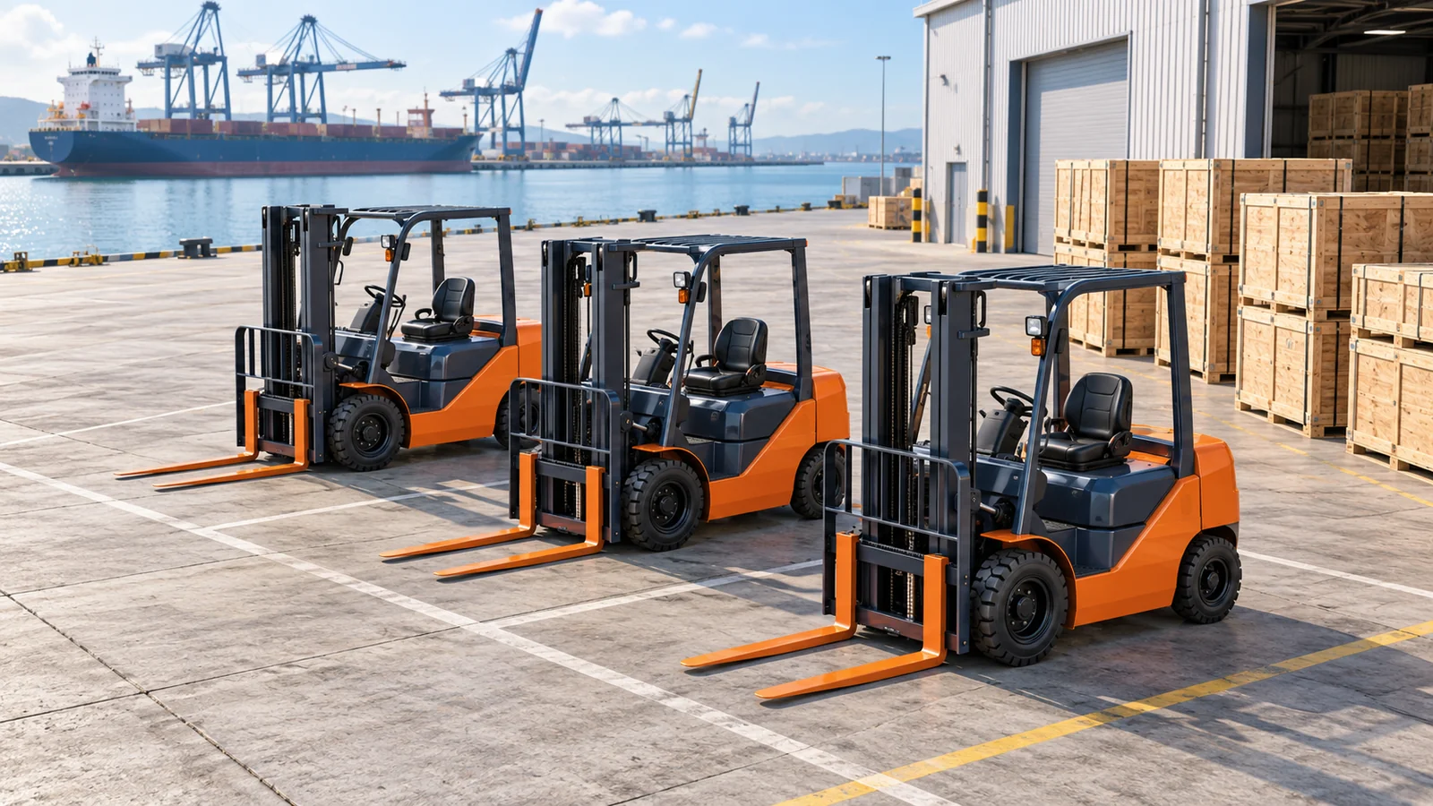 Editorial illustration of three generic counterbalance forklifts parked with lowered forks on a port warehouse apron