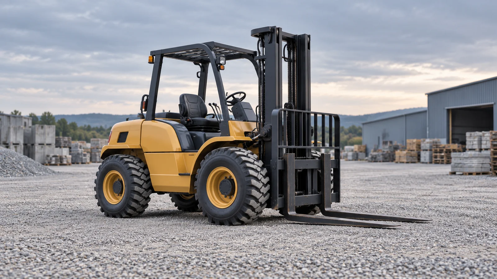 Editorial concept of an unbranded rough-terrain forklift with treaded tyres and empty lowered forks in a gravel yard