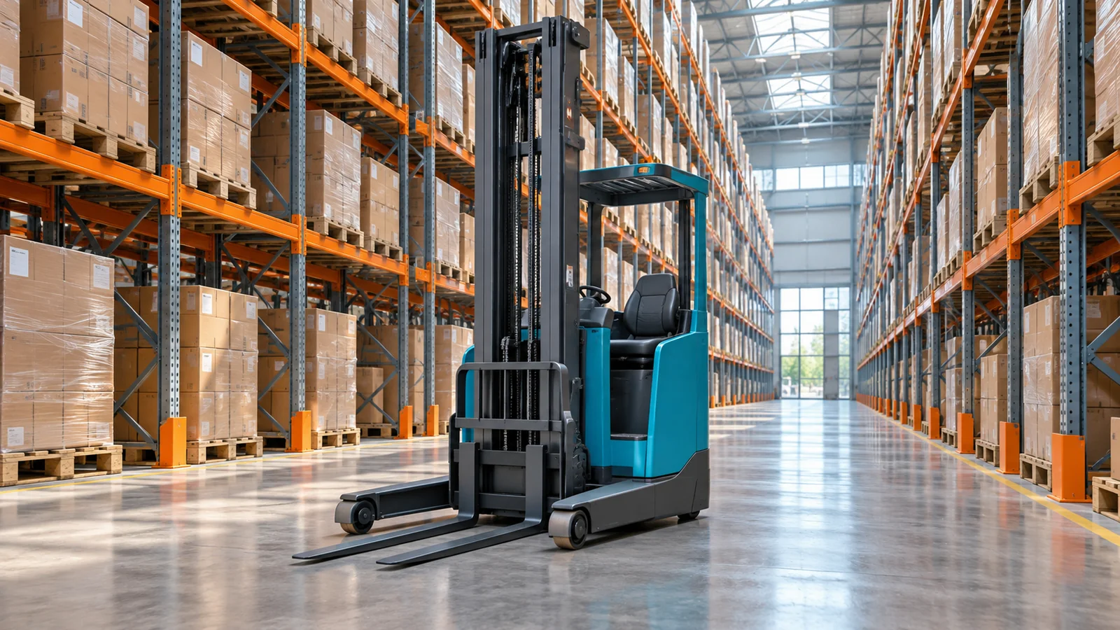 Editorial illustration of an unbranded sit-down reach truck parked with lowered forks in a high-bay pallet-rack aisle
