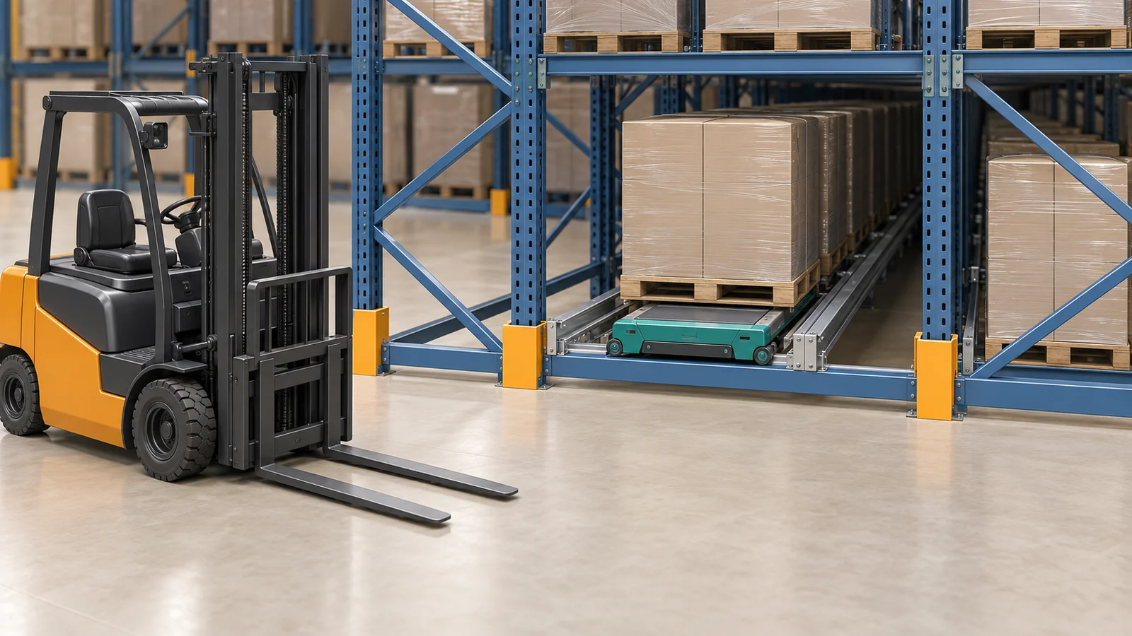 Conceptual cutaway illustration of pallet storage lanes with a small rail shuttle and a generic forklift outside the rack at a transfer point