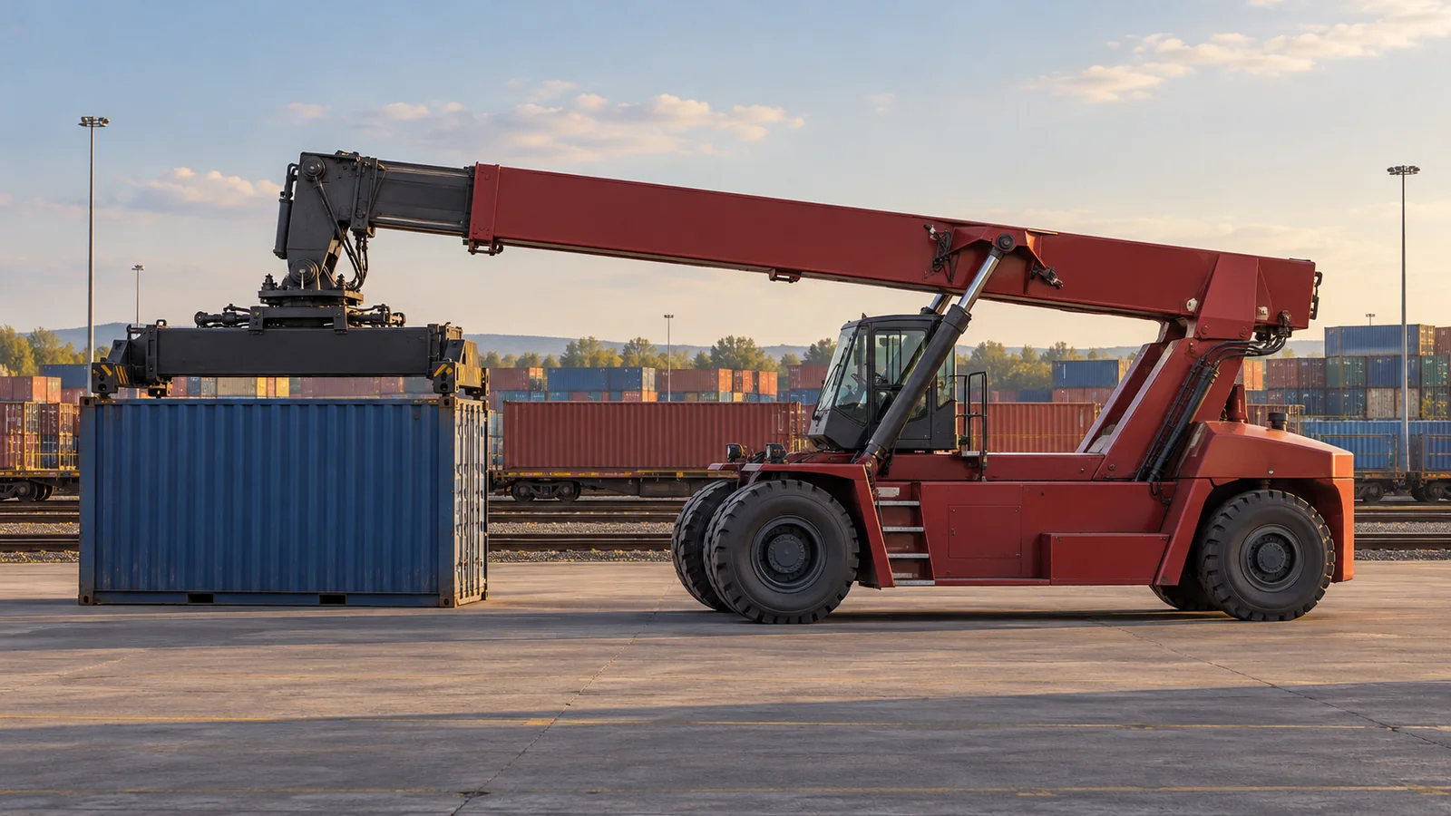 Editorial illustration of a generic reach stacker beside a grounded shipping container and intermodal railway tracks