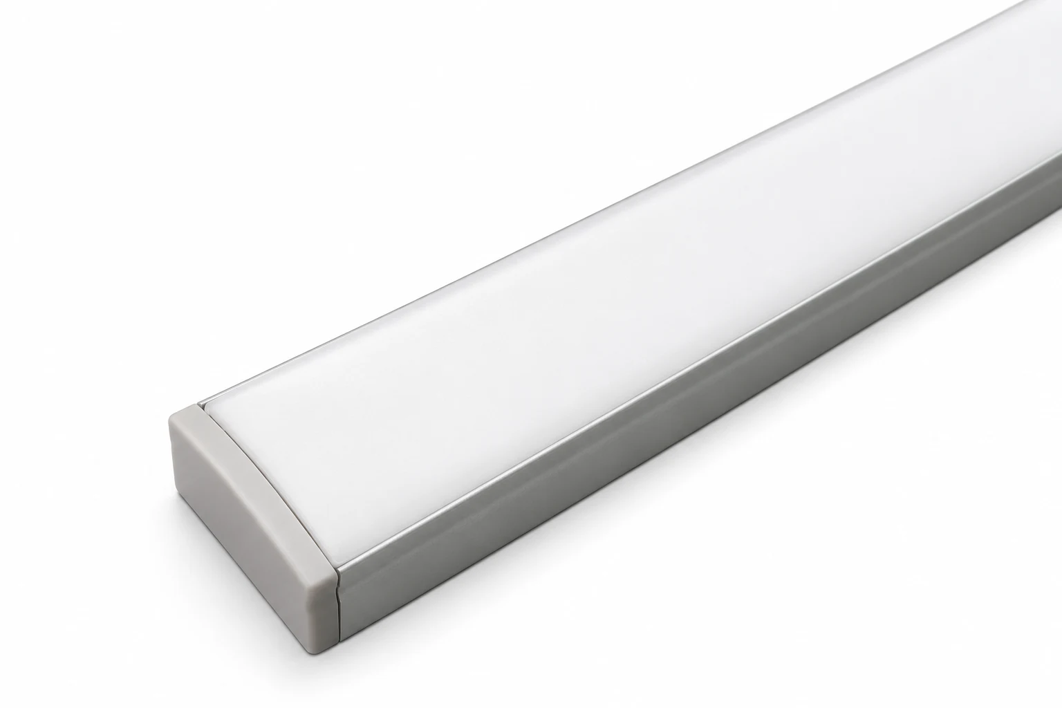 Partial source-based close-up of a NOVA NSL milky diffuser and one end cap; the far end remains outside the frame