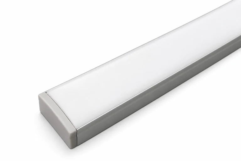 Partial source-based close-up of a NOVA NSL milky diffuser and one end cap; the far end remains outside the frame