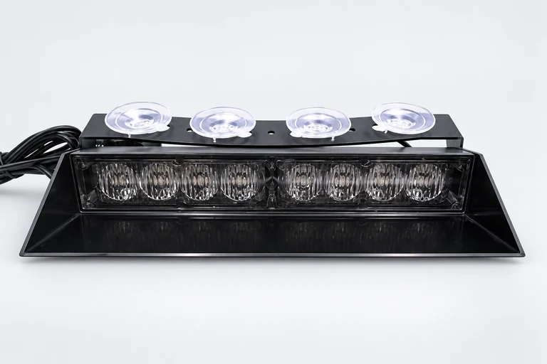 D8 reference presentation showing an eight-optic window light, glare shield and four suction cups