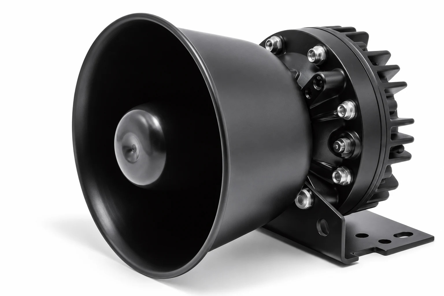 NV-SR100-9 presentation showing round flared horn, rear driver and steel foot bracket