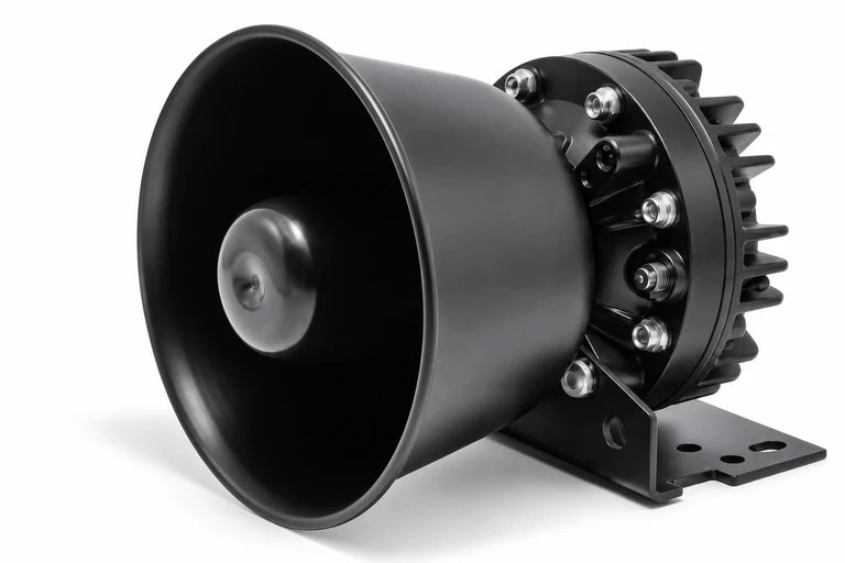NV-SR100-9 presentation showing round flared horn, rear driver and steel foot bracket