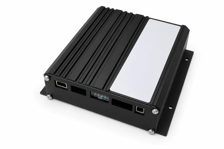 NV-SR100HD presentation showing black finned amplifier body with a front connector panel and side mounting flanges