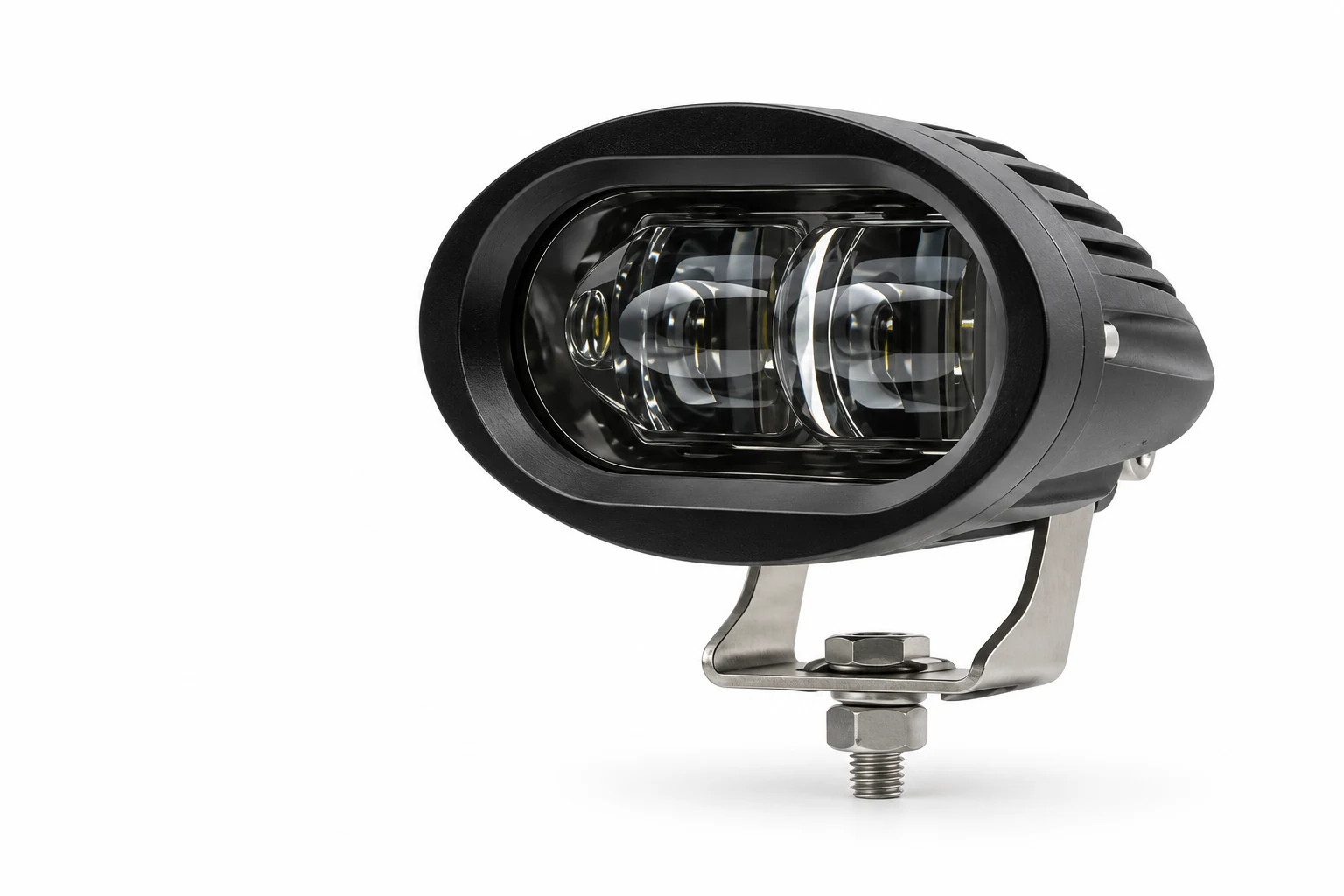 NW-L20 product presentation showing oval twin-projector lamp and lower metal mounting bracket, without beam projection