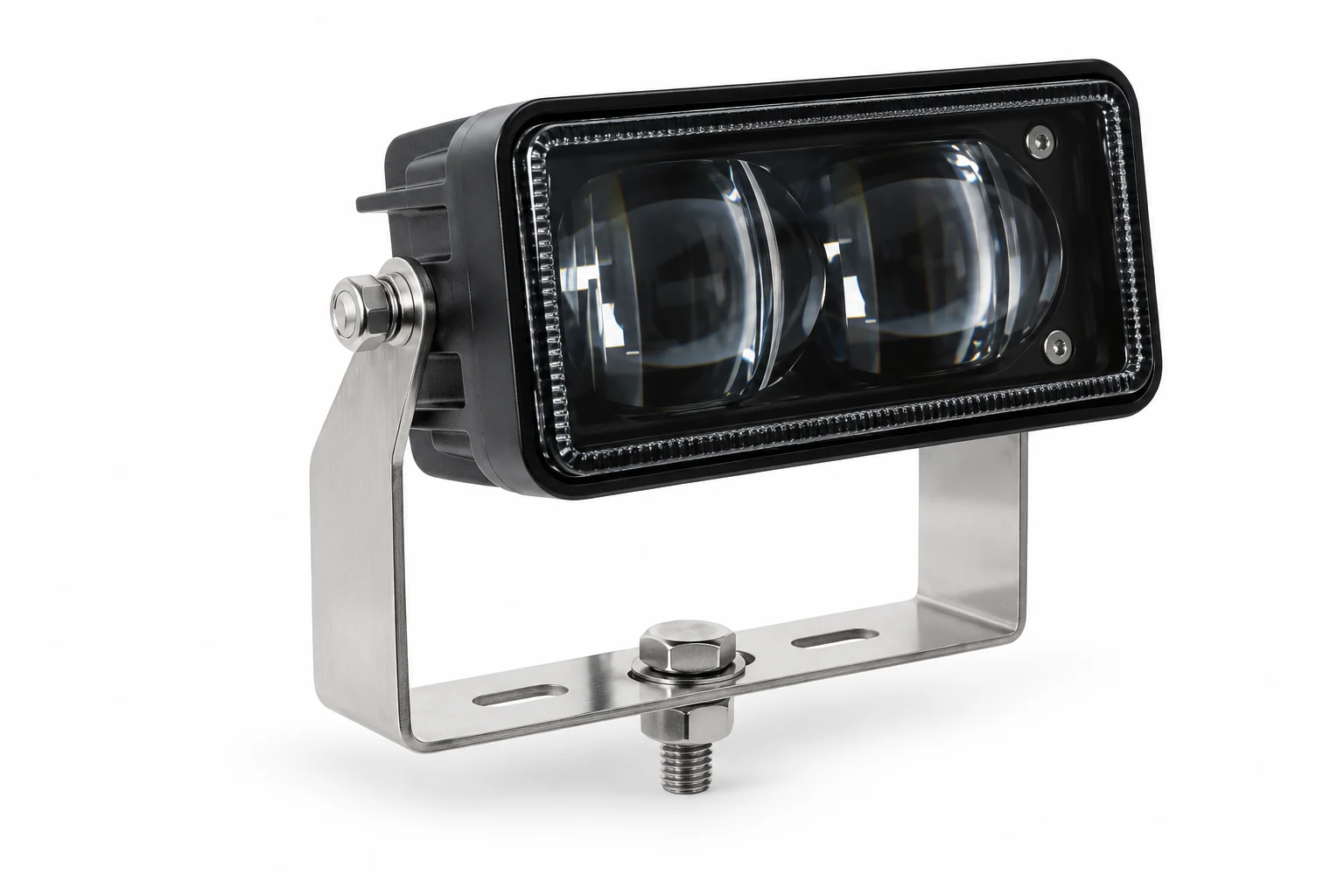 NW-L30 product presentation showing rectangular twin-projector lamp and lower metal mounting bracket, without beam projection