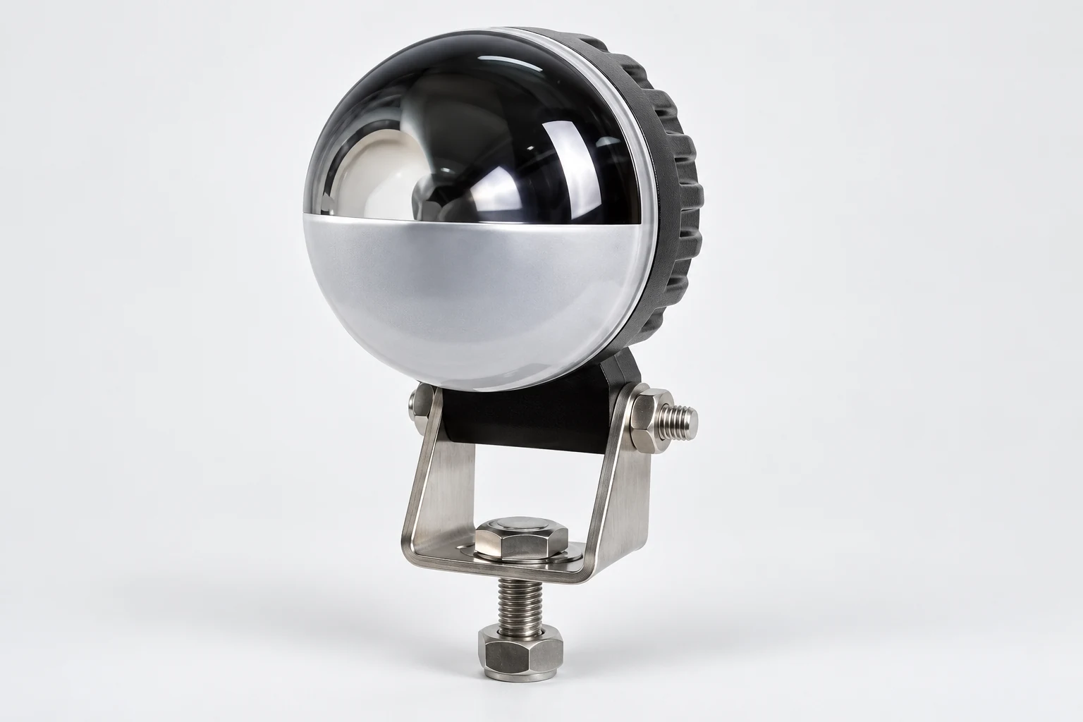 NW-U5 reference presentation showing a domed split-face lamp and lower metal bracket, without a projected beam