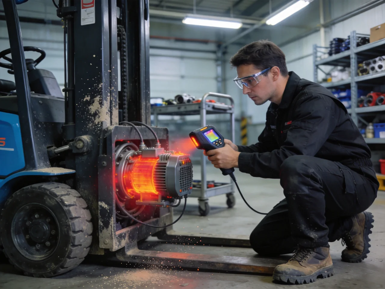 Technician checking an overheating electric forklift drive motor in a service bay