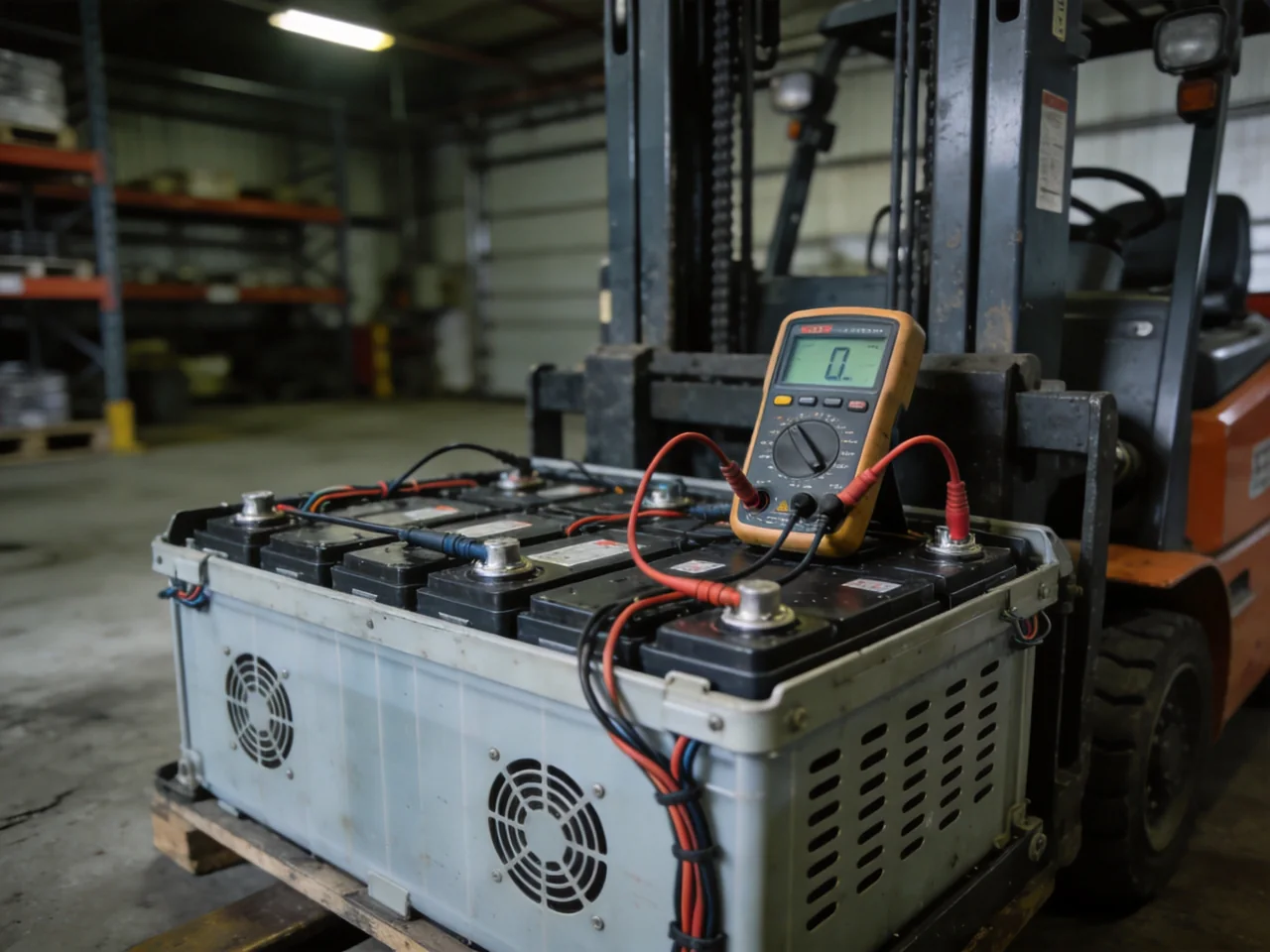 Electric forklift traction battery pack being tested with a meter