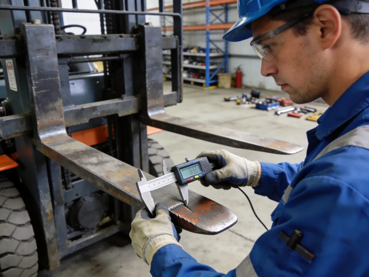 Technician measuring forklift fork heel wear with calipers and checking the blade angle