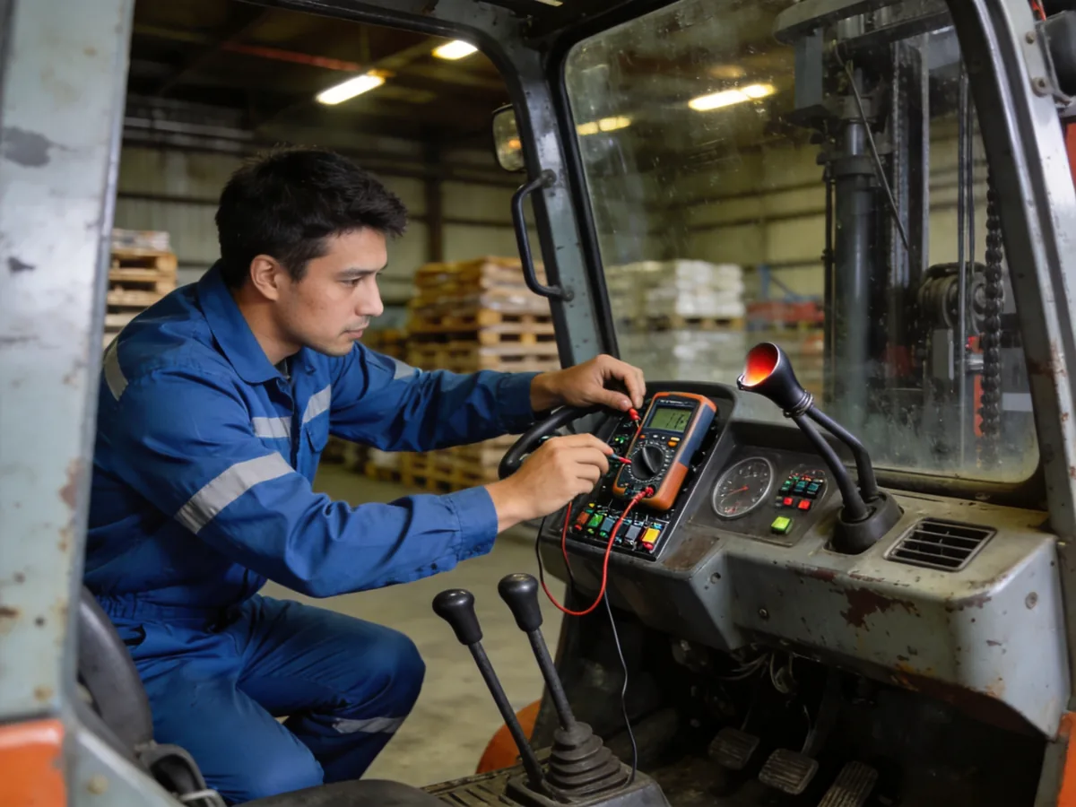 Technician testing a forklift horn button, fuse and wiring