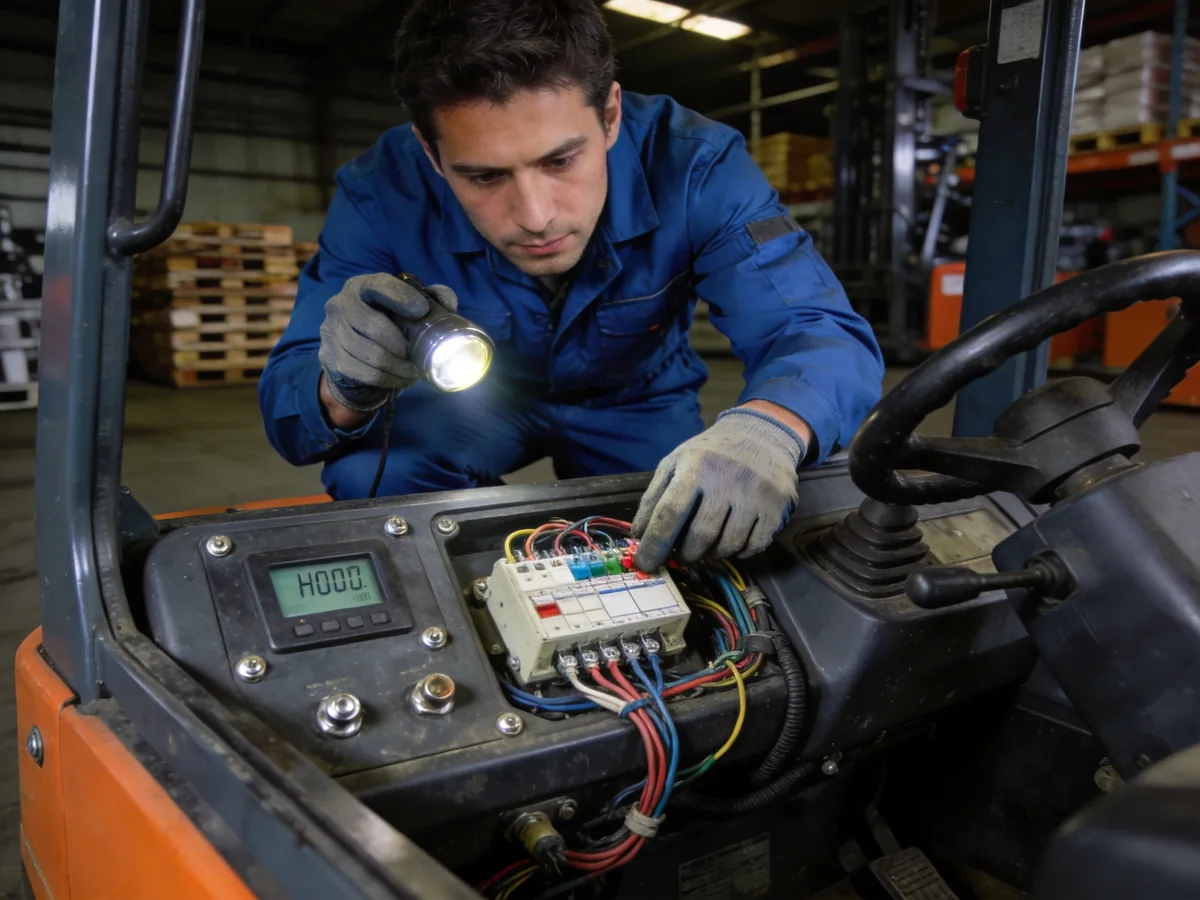 Technician checking a forklift dash hour meter, fuse and wiring