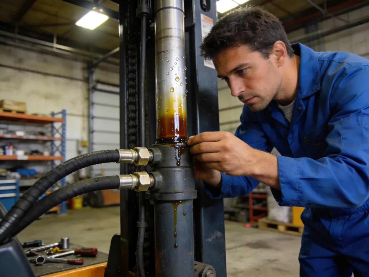 Technician inspecting a forklift hydraulic cylinder and fittings for an oil leak