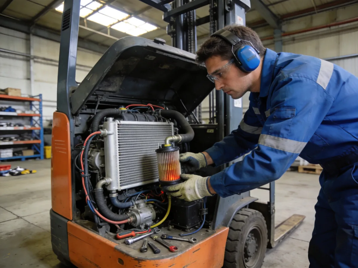Technician checking a forklift hydraulic oil cooler and filter for overheating