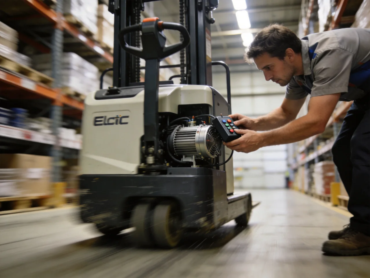 Technician diagnosing the motor controller of an electric forklift that moves jerkily