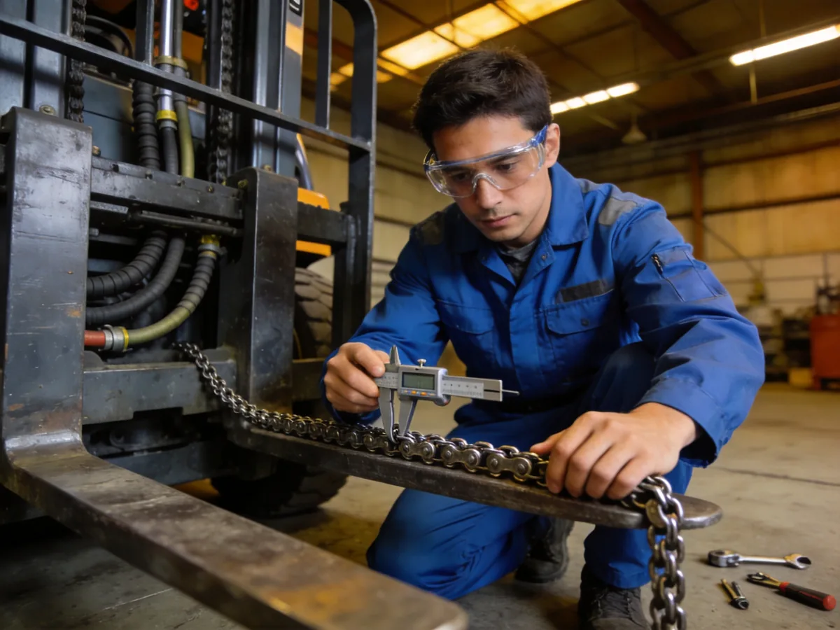 Technician inspecting forklift mast lift chains for stretch and wear with a chain gauge