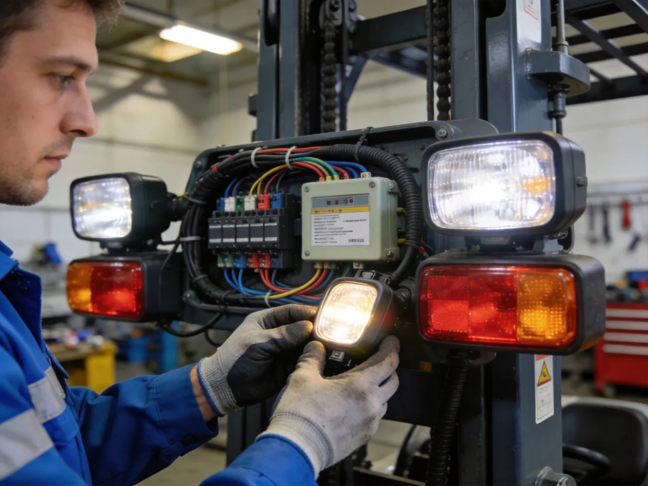 Technician inspecting and replacing an electric forklift work light and fuse box
