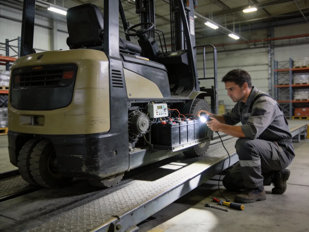 Electric forklift climbing a ramp while a technician checks the battery and controller under load