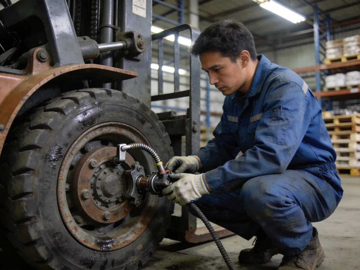 Technician inspecting a forklift parking brake cable, linkage and electromagnetic brake